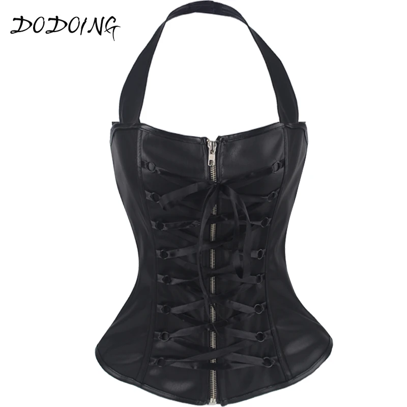 DODOING Faux Leather Corset Overbust Steampunk Corselet Bustier Fashion Sexy Women Gothic Clothing Zipper-up Waist Trainer Size