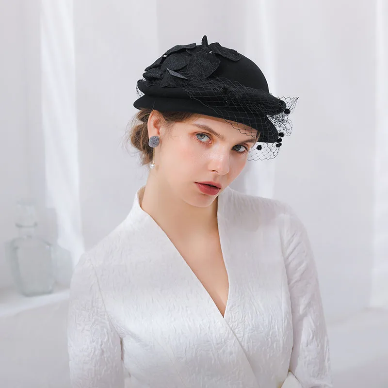 Фибоначчи элегантный банкет свадебное платье головной убор Берет шерстяной фетр Шляпа Fedora осень зима женская шляпа