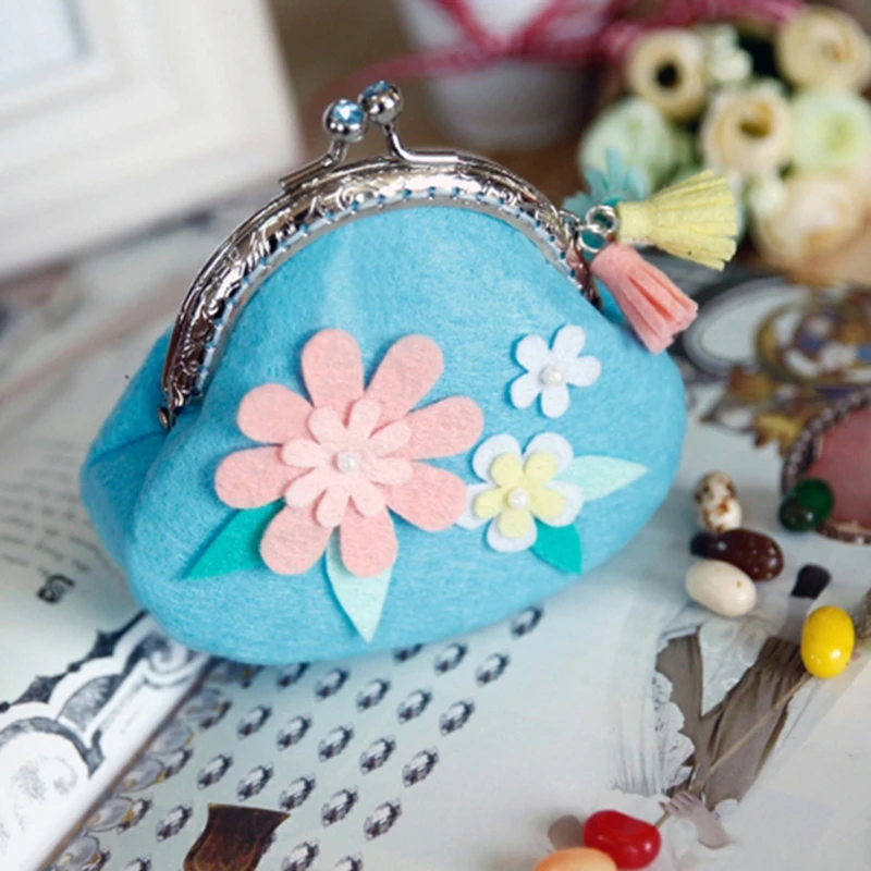Handmade Blue Flowers Purse Coin Bag For Kids Gift Felt DIY Non woven