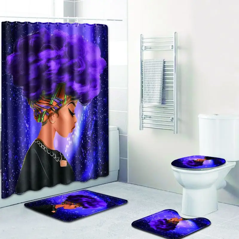 

Fashion African Woman Pattern Polyester Shower Curtain Set Non Slip Rugs Carpet for Bathroom Toilet Flannel Bath Mat Set 4pcs/