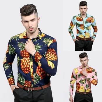 

Mens Fruit Print Blouses Pineapple Beach Long Sleeve Cotton Shirt Top