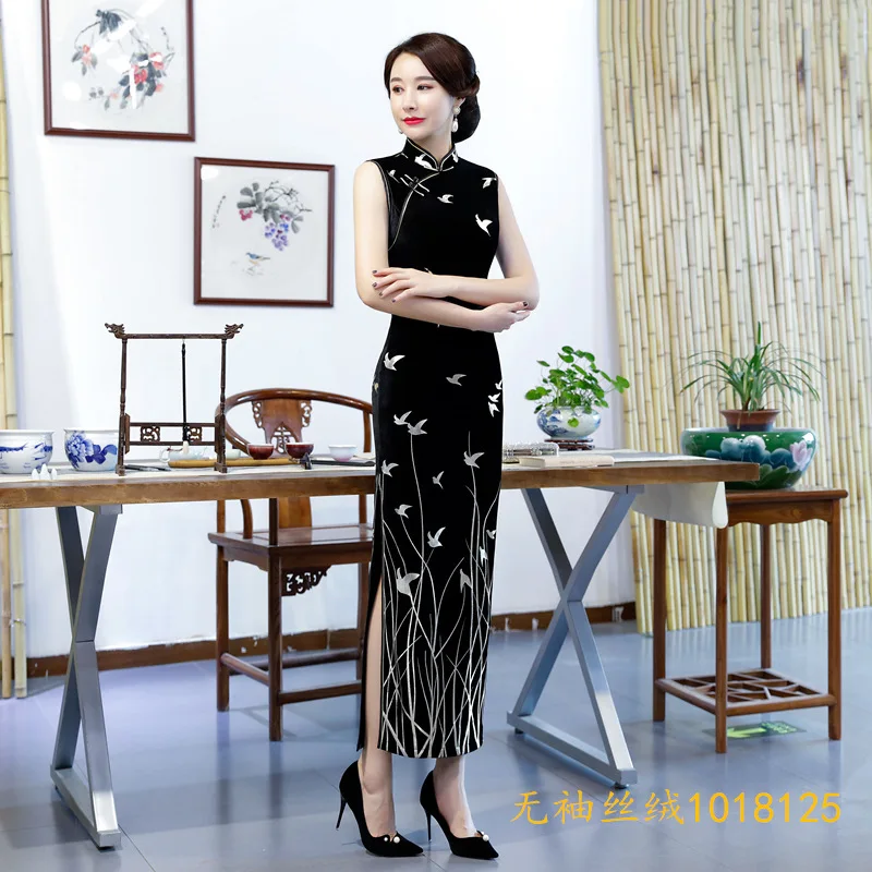 Современный черный бархат длинный Cheongsam комплект из двух частей Кружева Тонкий платья китайское традиционное вечернее китайское платье-Ципао женское винтажное платье - Цвет: Sleeveless velve