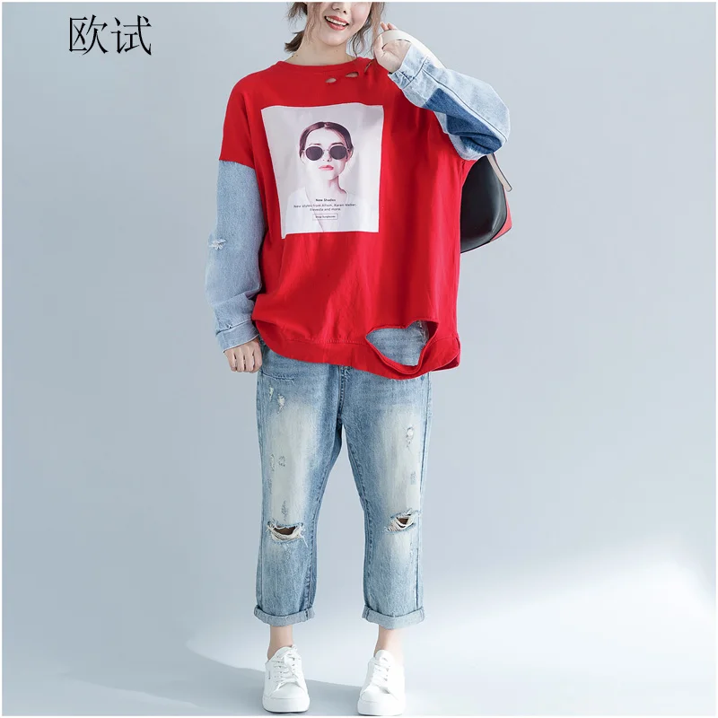 

Women Denim Sleeve Contrast Color T Shirt Hollow Out Cotton Beauty Printed Autumn Plus Size T Shirts Casual Loose Tops 5XL 2018