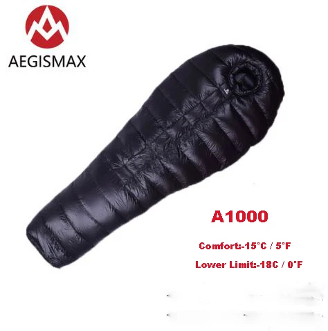 AEGISMAX A800/A1000 серии открытый кемпинг супер гусиный пух утолщаются держать теплый Мумия спальный мешок - Цвет: Black  1000