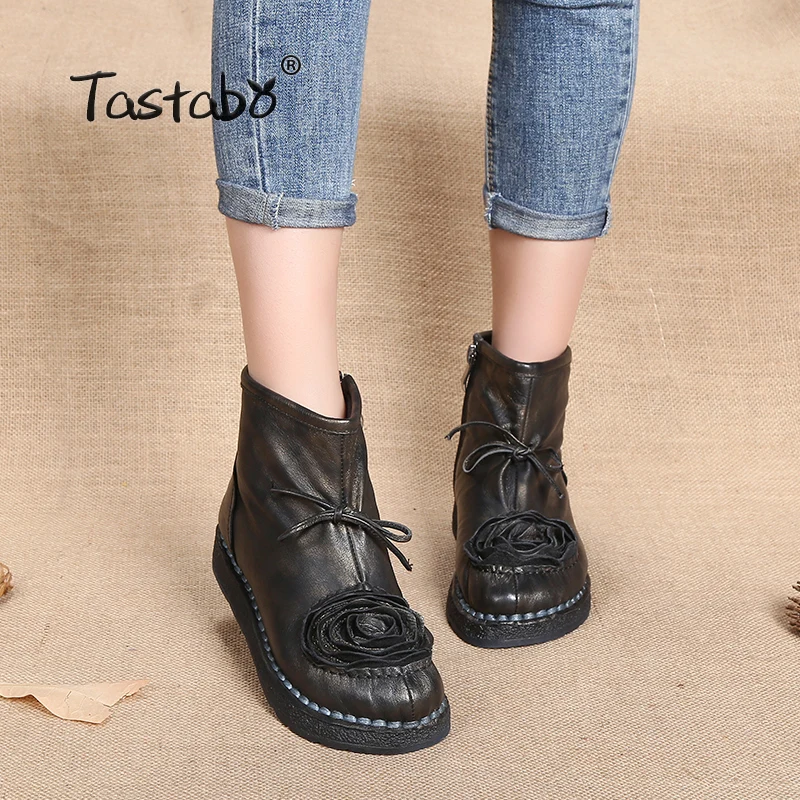 

Tastabo Warm Flower Boots Women Butterfly-Knot Genuine Leather Ankle Boots for Women Soft Winter Flat with Shoes Ladies