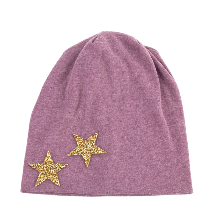 Geebro, женская шапка бини, новинка весны, со звездами, стразы, громоздкая шапочка, шапка для женщин, ручная работа, Skullies& Beanies gorro invierno mujer - Цвет: Gold Light Purple