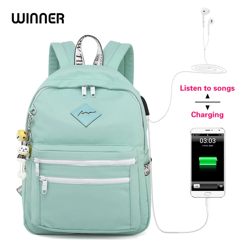 Цена WINNER, новинка 2018, Корейская версия, USB, женский рюкзак, анти кража, Школьный Рюкзак Для Путешествий, маленький, свежий, для ноутбука, школьные с...