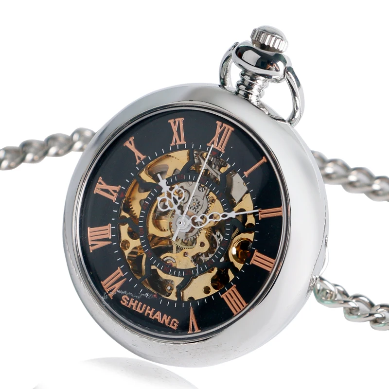 Унисекс Механические карманные часы Скелет гладкий серебряный римскими цифрами Круглый Часы для Для мужчин Для женщин специальные