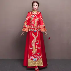 Красной вышивкой дракон Феникс Китайский Стиль свадебное платье Ципао с длинным рукавом Cheongsam Винтаж восточные платья