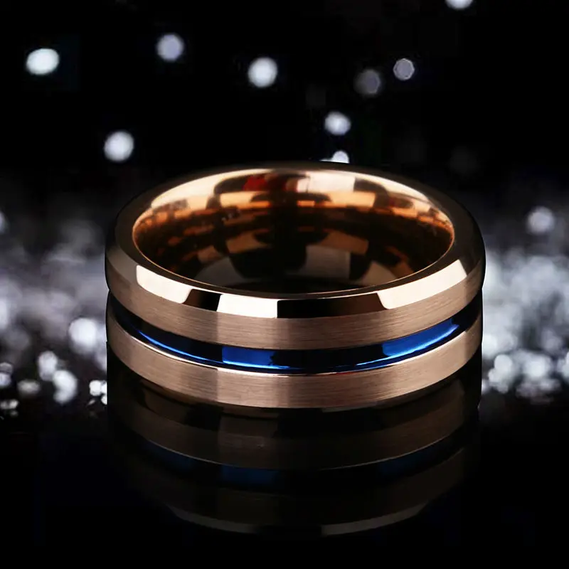 New Arrival 8MM Width Rose Gold Man Jewelry Rings Tungsten Carbide Band with Thin Blue Groove and Brushed Finishing CJZBLXLX0112