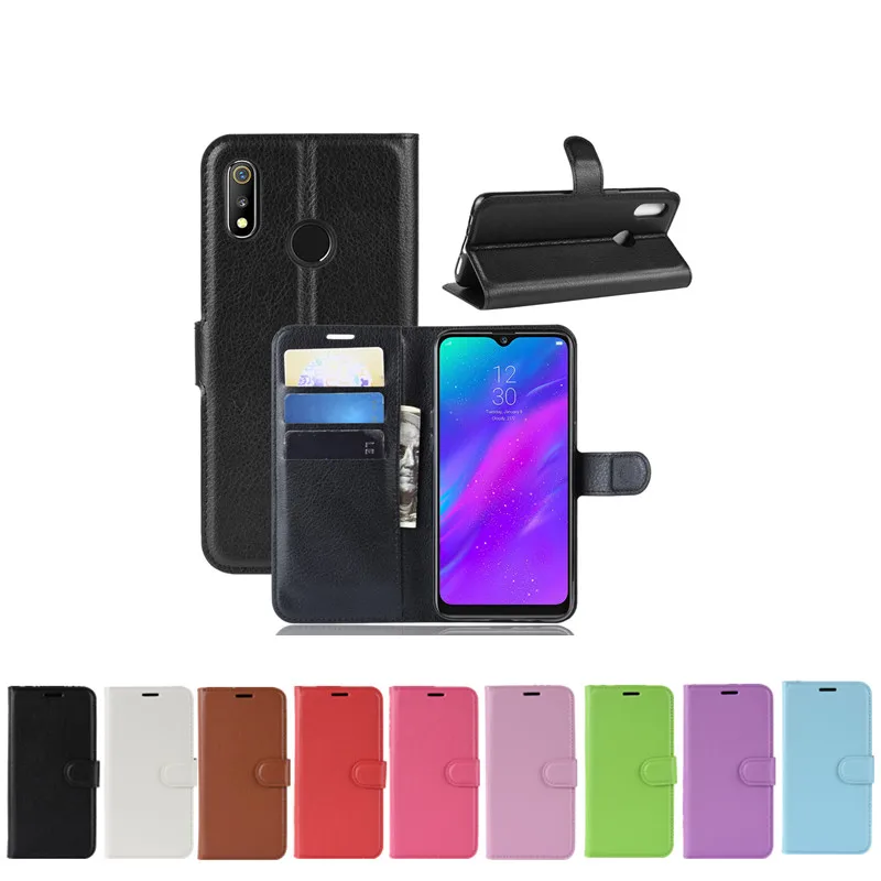 

10pcs/lot Litchi Grain Flip PU Leather Cover Case For OPPO Realme 3 Lychee Grain Phone Bag