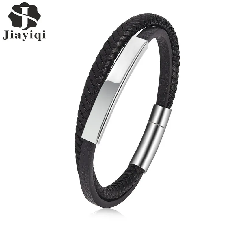 Jiayiqi Braid Leather Bracelet For Men Clasp Stainless Steel