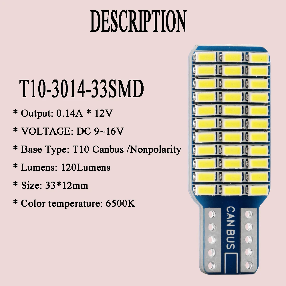 100 шт. Canbus T10 3014 33 SMD светодиодный индикатор без ошибок 9 16 В постоянного тока