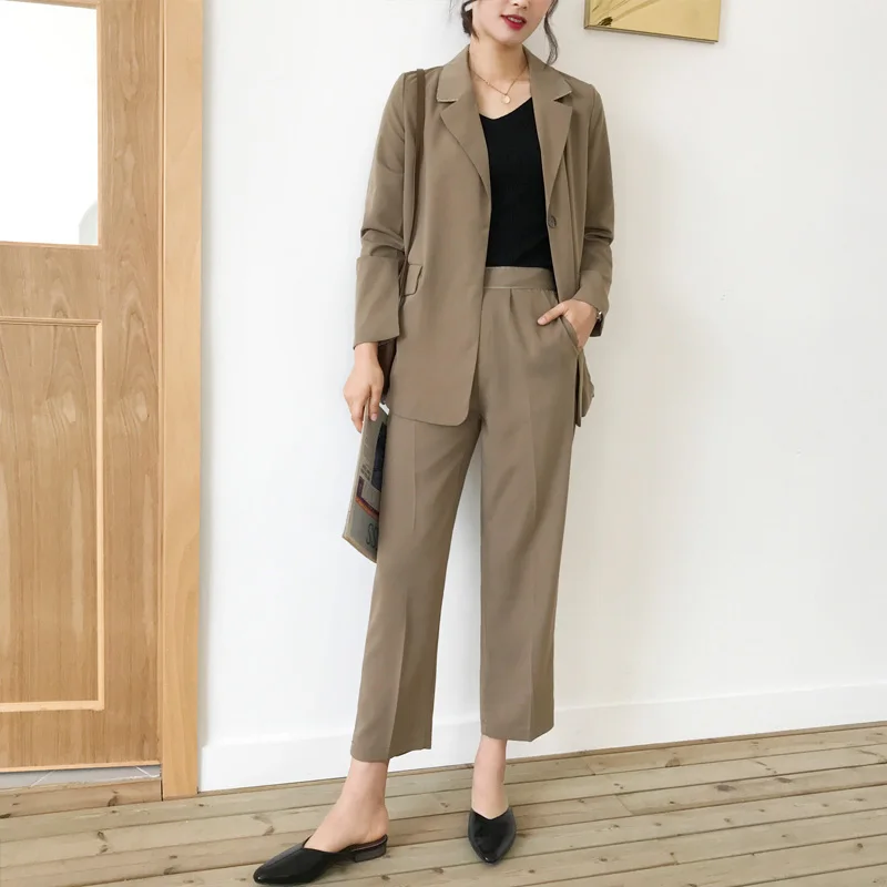 

Fashion Sashes Khaki Women Pant Suits Notched-neck Blazer Jacket & High Waist Pants Female 2 Pieces Set OL Workwear Suits 2019