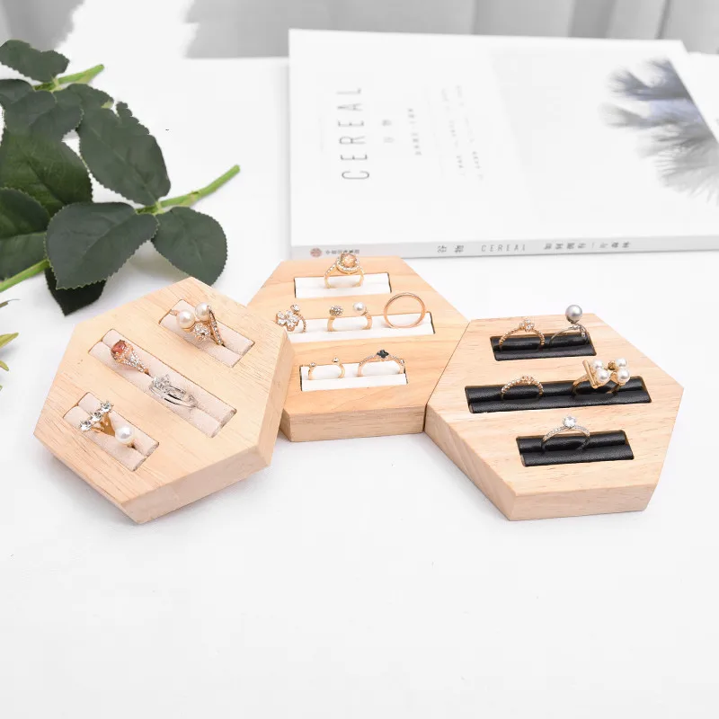 

New Fashion Solid Wood Ring Display Tray Hexagon PU Leather Ring Display Holder Jewelry Display Stand