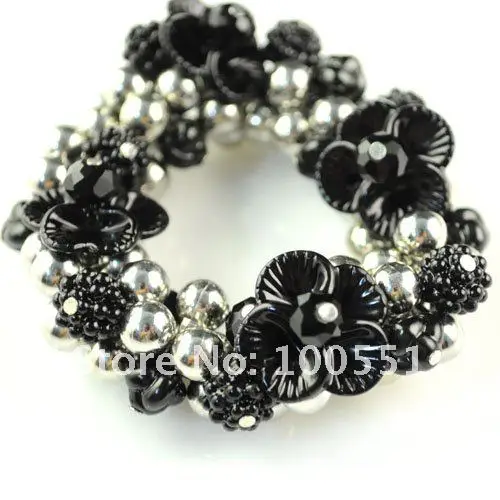 

AOLOSHOW Flower charm bracelet for women elastic adjustable size black white acrylic beads bracelet hair rope Scrunchy BR-1010