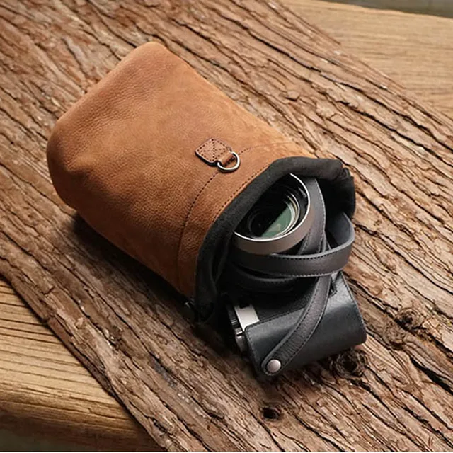 Roadfisher Brown Drawstring Genuine Leather Camera Bag Insert Roadfisher Brown Drawstring Genuine Leather Camera Bag Insert Storage Pocket Pouch For Canon Nikon Sony Fuji