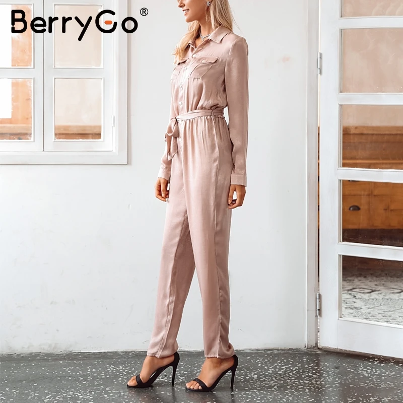Женский комбинезон с поясом BerryGo Осенний сатиновый на кнопках длинным рукавом и