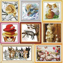

Joy Sunday Different kinds of cats Cross stitch kit DMC Needlework Embroidery Cross-Stitch set DIY handwork Fabric 14CT and 11CT