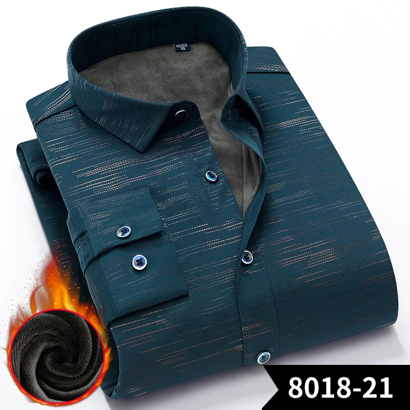 Зимняя плотная рубашка, мужские повседневные рубашки, теплые рубашки в клетку, одноцветная Гладкая эластичная рубашка, Camisa masculina Chemise homme - Цвет: 8018-21