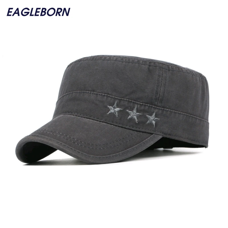 

2018 Brand New 100% Cotton Military Hats Flat Roof hats Men Exquisite Embroidery Stars Vintage Army Hat Adjustable 5 colors