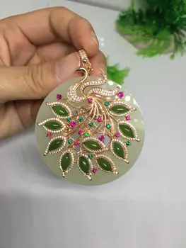

Large and high-grade jade buckle peacock 925 silver inlaid jade pendant