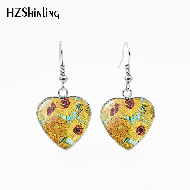 

HZShinling New Coming Classic Theme Printing Van Gogh's Art Photos Heart Dangle Earrings Stainless Steel Ear Wires Jewelry
