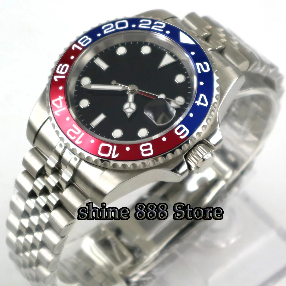 40mm PARNIS Black Sterile Dial Pepsi bezel Sapphire glass date GMT automatic mens watch