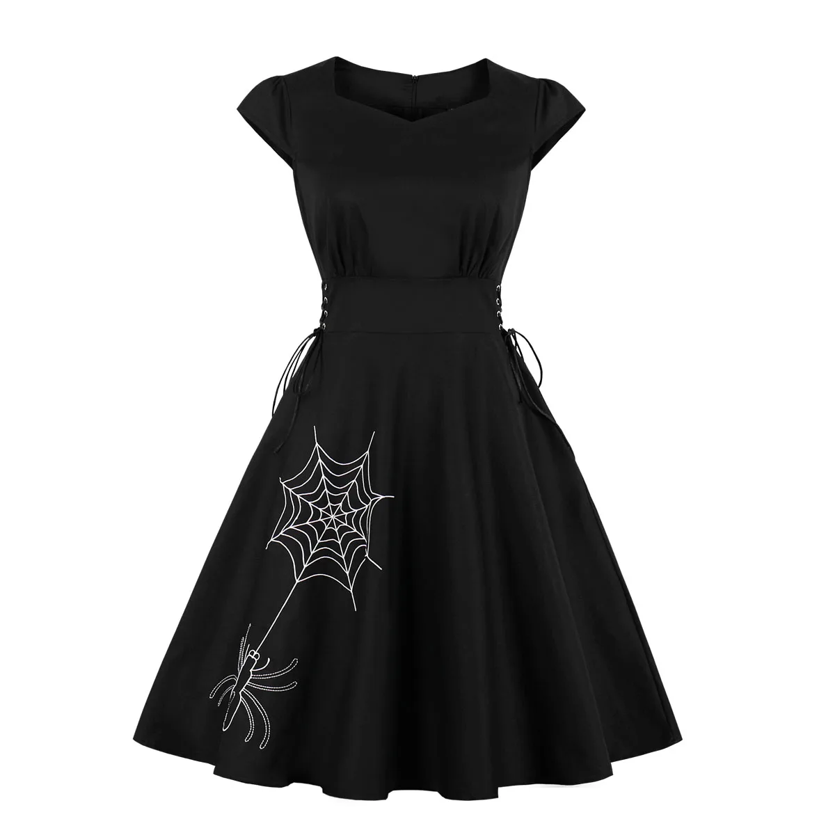Платье с вышивкой в виде паука на Хэллоуин, женские вечерние платья на шнуровке в стиле панк, черное готическое платье с бантом, одежда для свинга Vestidos
