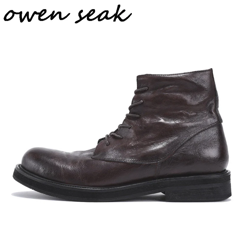 

Owen Seak Men Casual Shoes High-TOP Ankle Riding Boots Retro Genuine Leather Sneakers Lace Up Luxury Trainers Flat Black Shoes