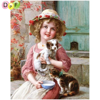 

DPF DIY A girl and a cat 5D crafts needlework diamond mosaic square home decor diamond embroidery diamond painting cross stitch