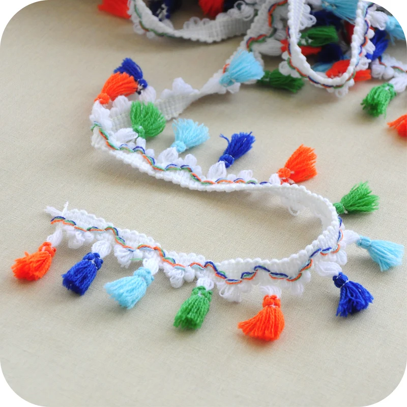 50 yards Rainbow Tassel Lace Trim Cotton Fabric Ribbon Fringe Neon