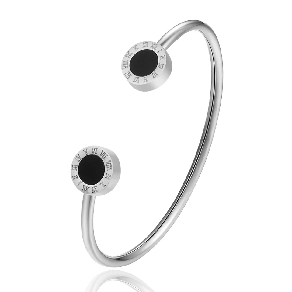 Fashion Women's Roman Numerals Black Enamel Stainless Steel Open Bangle Bracelet Party Gift Stainless Steel Bracelet