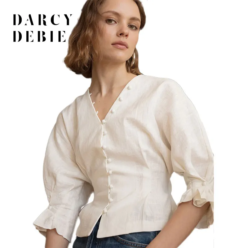 Darcydebie Autumn Women Fashion Vintage Blouse V neck Half