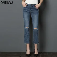 Рваные джинсы для мамы с дырками на коленях, Летние повседневные обтягивающие штаны в Корейском стиле, Женские Модные Винтажные штаны, Новое поступление
