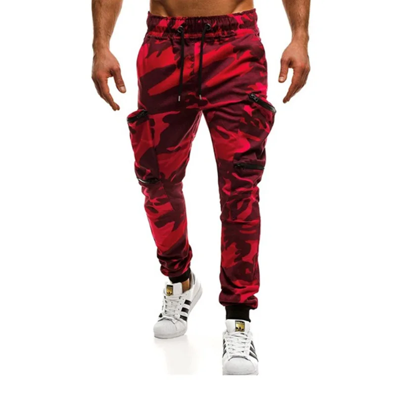 Мужские повседневные брюки для пробежек, новинка, красные камуфляжные брюки-карго с несколькими карманами, мужские хлопковые шаровары, брюки в стиле хип-хоп, уличная одежда