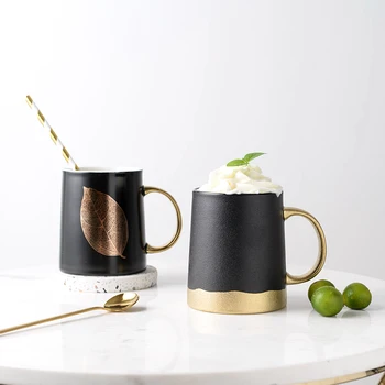 

Gold inlay ceramic mug leaf sign art design coffee mug with spoon business gift milk mugs