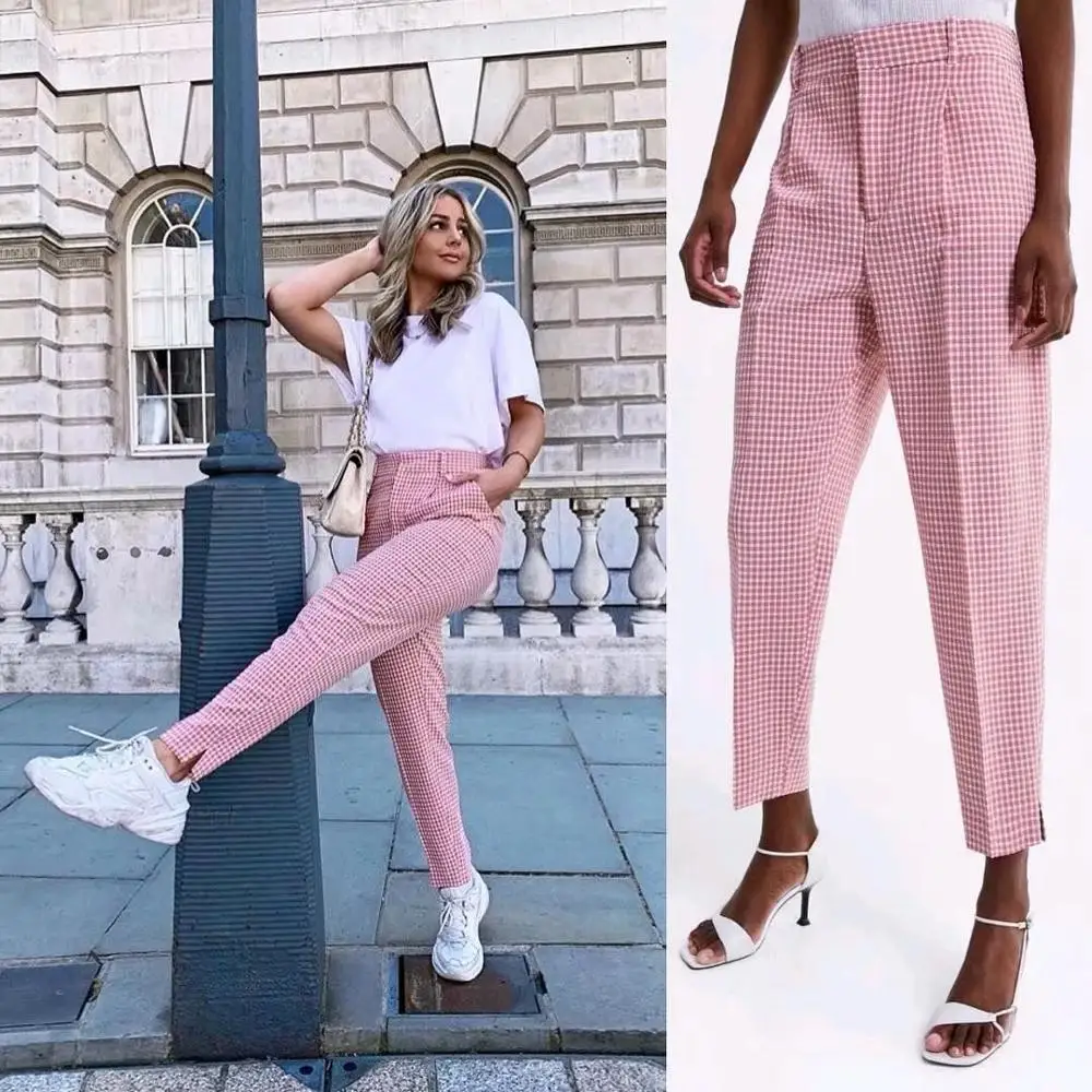 

Withered fashion blogger england vintage pink plaid casual suit harem pants women pantalones mujer pantalon femme trousers women