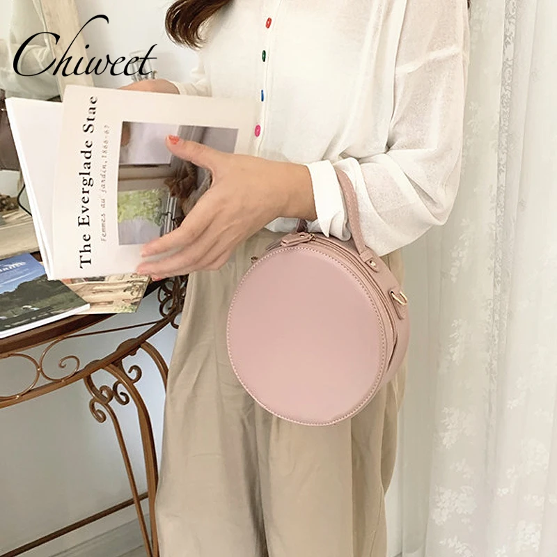 

Women Simple Small Round Bag Chic Pink Designer Handbags Ladies Vintage Shoulder Bags Brand Luxury Leather Messenger Tote Bag