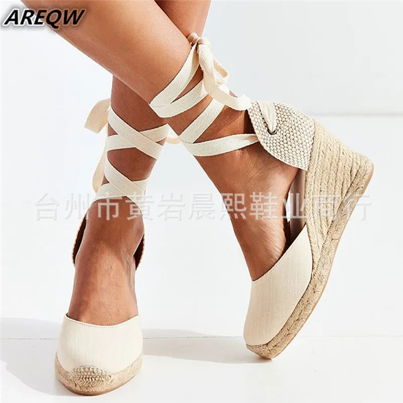 ladies wedge sandals Women's Espadrille Ankle Strap Sandals Comfortable Slippers Ladies Womens Casual Shoes Breathable Flax Hemp Canvas Pumps high wedge sandals