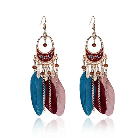 Ethnic Long Feather Tassel Dangle Earrings For Women Vintage Colorful Owl Leaf Feather Drop Earrings Brincos Bride Jewelry
