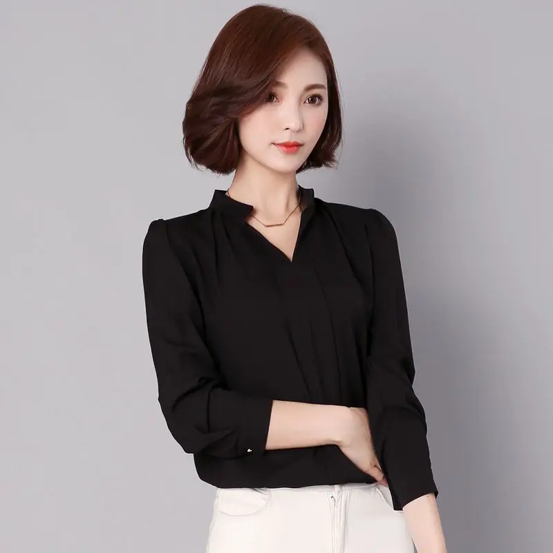 5 цветов,, однотонная блузка для женщин, белая OL рубашка, шифон, женская одежда для работы, v-образный вырез, с рюшами, длинный рукав, топы, пуловер T6127 - Цвет: Black