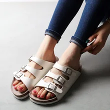 Летние мужские тапочки из натуральной кожи высокого качества из мягкой пробки с тремя пряжками для мужчин и женщин унисекс 35-46