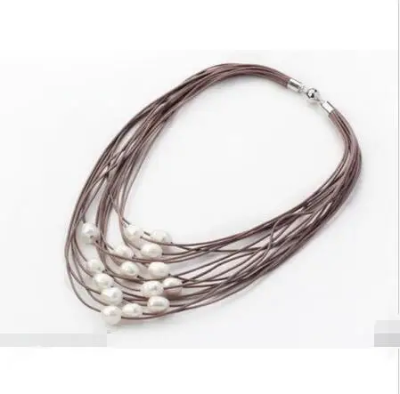 

Free Shipping >>11-12mm natural White Baroque Freshwater Pearl Multi-Strand Leather Necklace