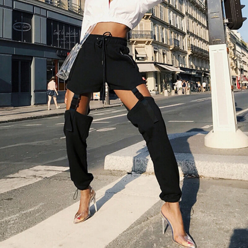 Punk Style pantalon femmes solide taille haute Sexy découpé trous Pantalons femmes Streetwear Pantalons dames Cargo pantalon