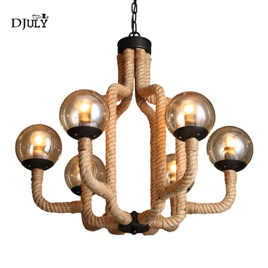 

American industrial hemp rope retro chandelier for coffee store bar dining room country loft decor glass lamp hanging luminaire