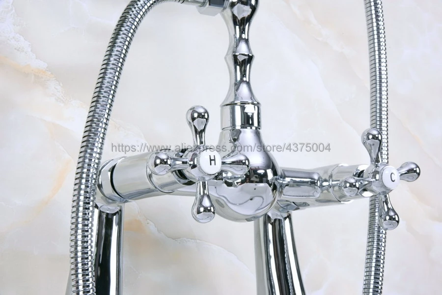 Polished Chrome Bathroom Shower Faucet With Hand Held Shower Head Set Double Handles Deck Mounted Bathroom Faucet Nna131