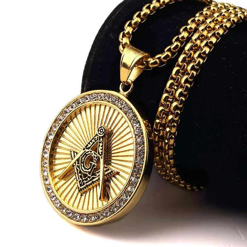 New Arrival Iced out 18K Gold Freemason Masonic Compass G Round Pendant Free-Mason Freemasonry Hip Hop Necklace For Men/Women