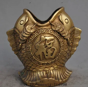 

Marked Chinese Fengshui Brass Wealth Money Coin Lucky Fish Brush Pot pencil vase