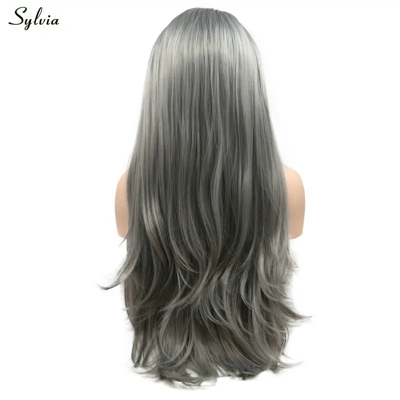Sylvia, длинные прямые волосы, синтетические, дымчато-серые, чистый цвет, кружевные передние парики для женщин, для ежедневного использования, термостойкие, мягкие, вечерние волосы